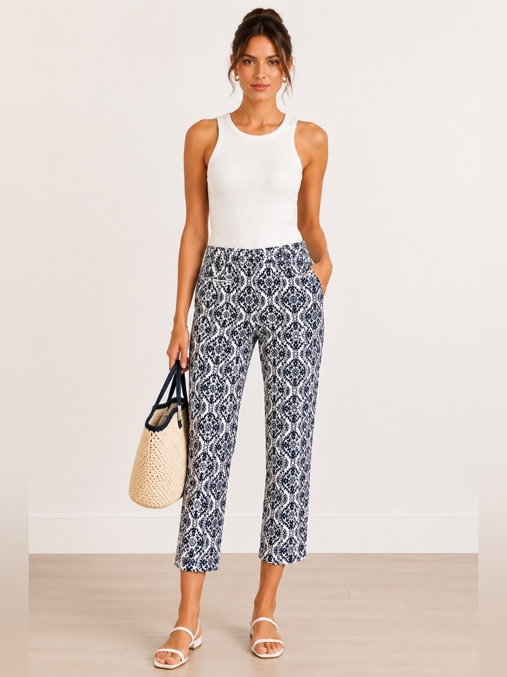 LOFT Petite 2P Julie Pants Navy White Medallion Print Crop Ankle Cotton